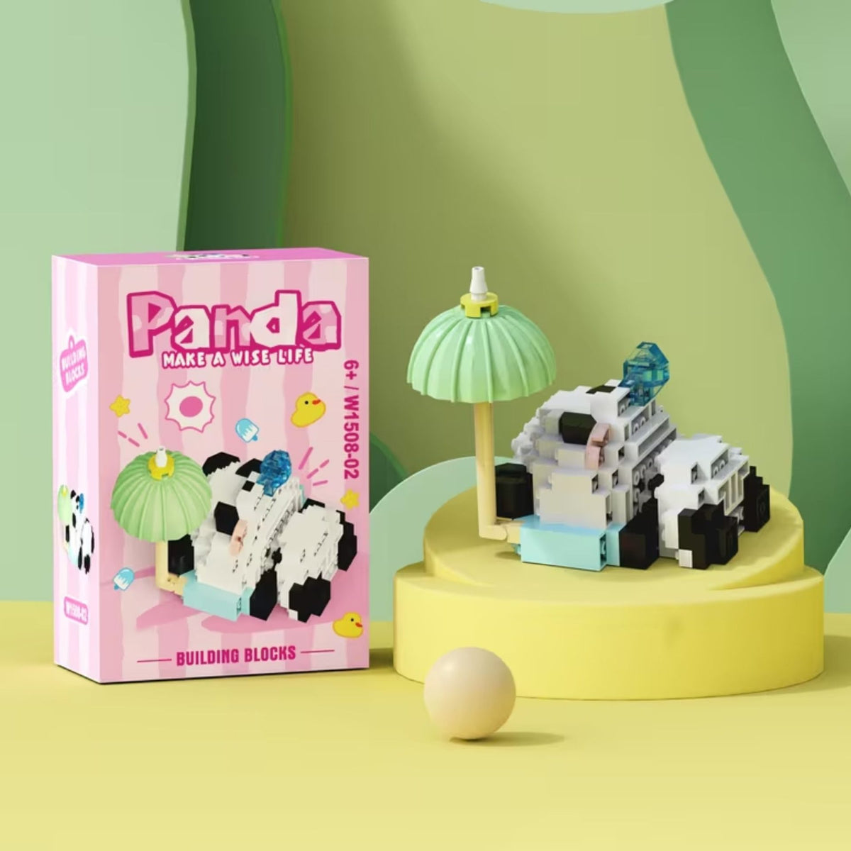 Set de Constructie Panda cu Umbrela, Jucarie Educativa STEM, Model 3D Interactiv, Plastic ABS, 153 Piese, 6+ Ani, 7.8 x 4.1 x 11.3 cm, Roz