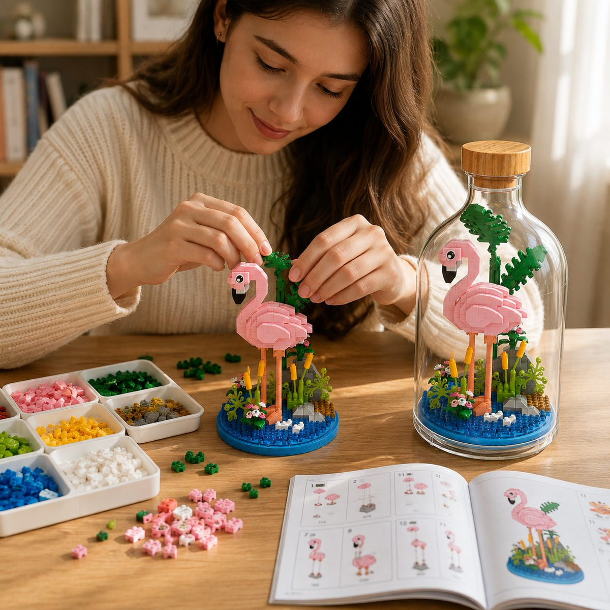 Set De Construit Flamingo, Model Pixel Art Decorativ, Plastic, 485 Piese, Multicolor, 10 x 19.6 cm