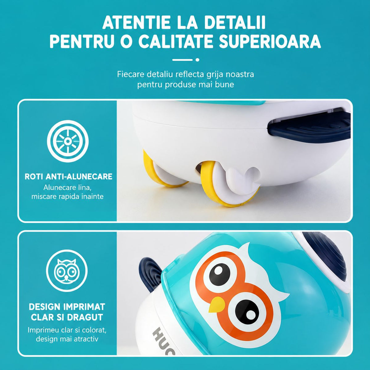 Jucarie Interactiva Robot Bufnita, Cu Sunete, Lumini Si Aripioare Mobile, Plastic ABS, Turcoaz, Pentru Copii 3 Ani+