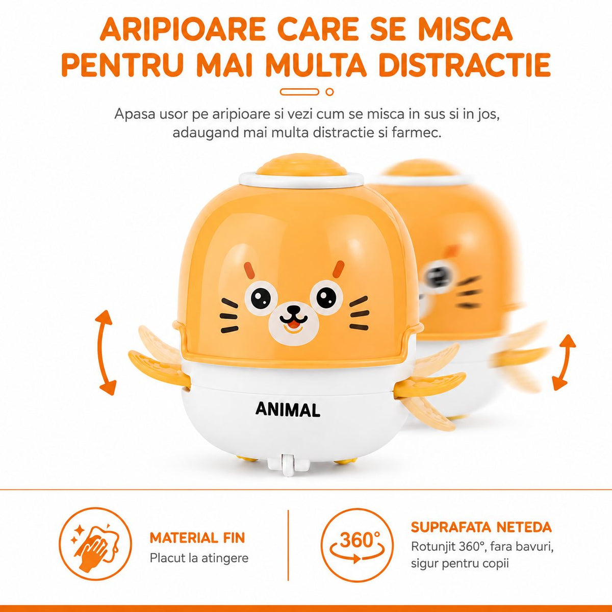 Jucarie Interactiva Pentru Pisici, Cu Aripioare Mobile Si Fata De Animal, Plastic ABS, Portocaliu-Galben