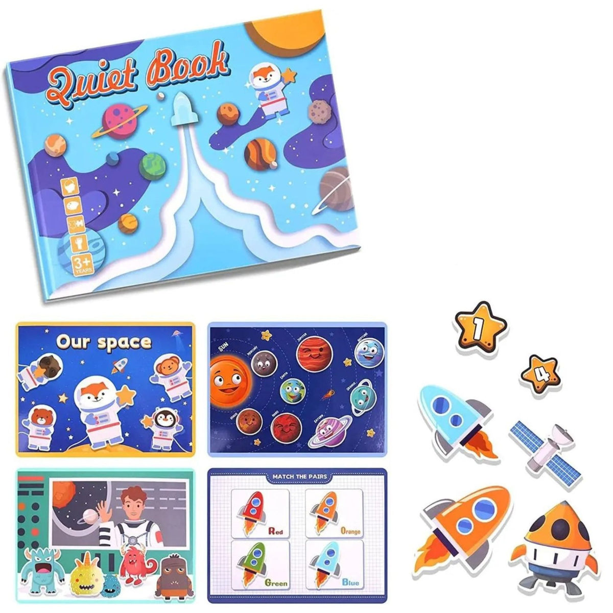 Carte Educativa Montessori Quiet Book, Joc Senzorial cu Stickere Reutilizabile si Activitati Interactive, Tematica Explorarea Spatiului, Carton Plastificat, 28 x 20.5 cm, 3 Ani+, Multicolor
