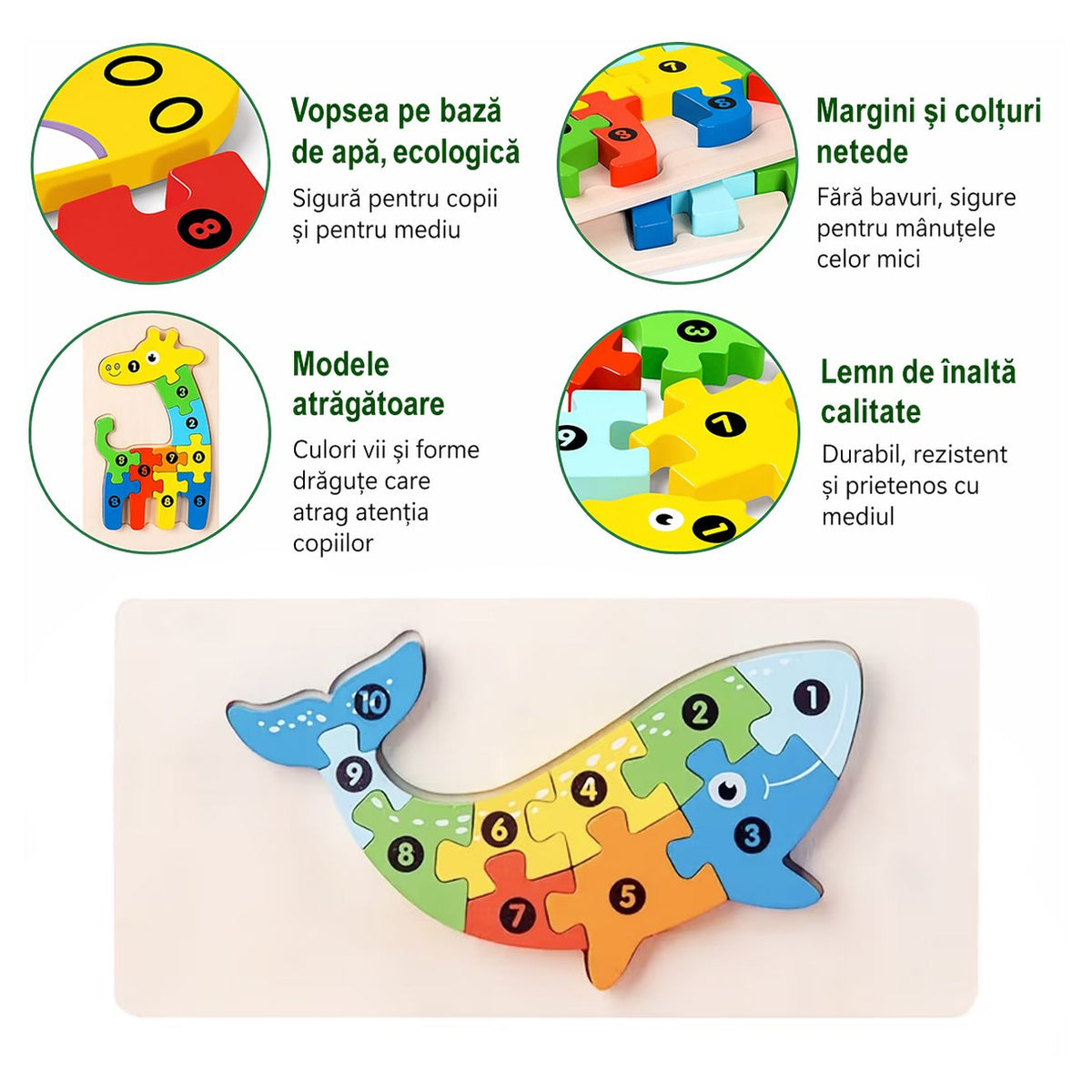 Puzzle din Lemn 3D Montessori, Jucarie Educativa si Interactiva pentru Dezvoltarea Motricitatii, Vopsea Ecologica, 11 Piese, Model Balena, Multicolor, 0-3 Ani