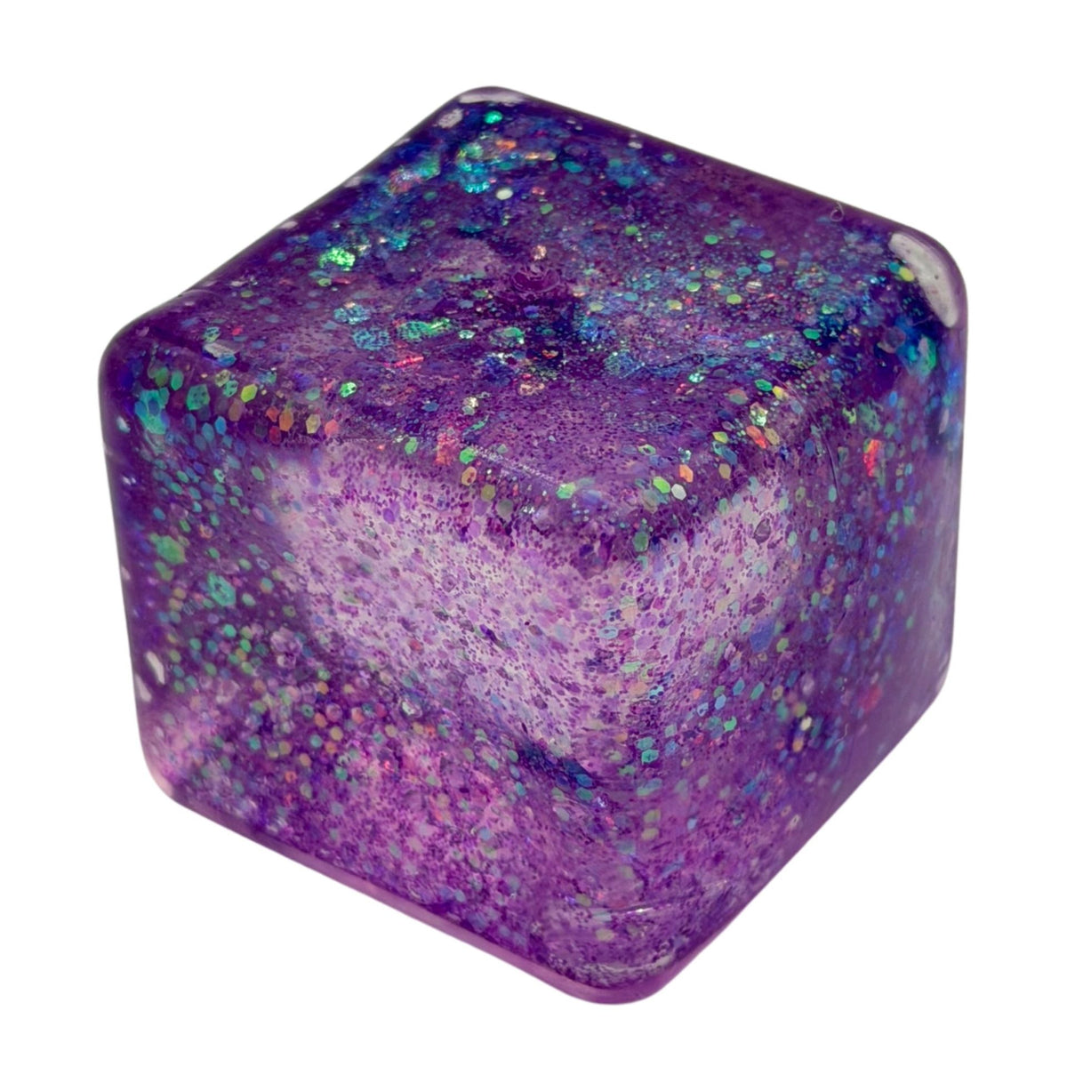 Jucarie Squishy Antistres, Cub Fidget Ice Cube cu Sclipici, Revenire Lenta, Material TPR, 3x3 cm, Mov