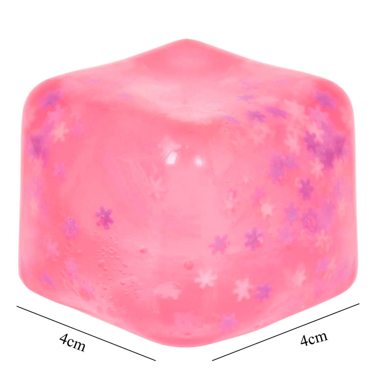 Jucarie Squishy Antistres, Cub Fidget 3D Ice Cube cu Fulgi de Nea, Revenire Lenta, Material TPR, 4x4x4 cm, Roz