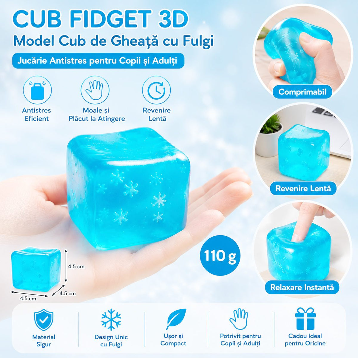 Jucarie Squishy Needoh, Cub Antistres Senzorial cu Revenire Lenta, Termoplastic, Cub de Gheata cu Fulgi, 4.5x4.5x4.5 cm, Albastru