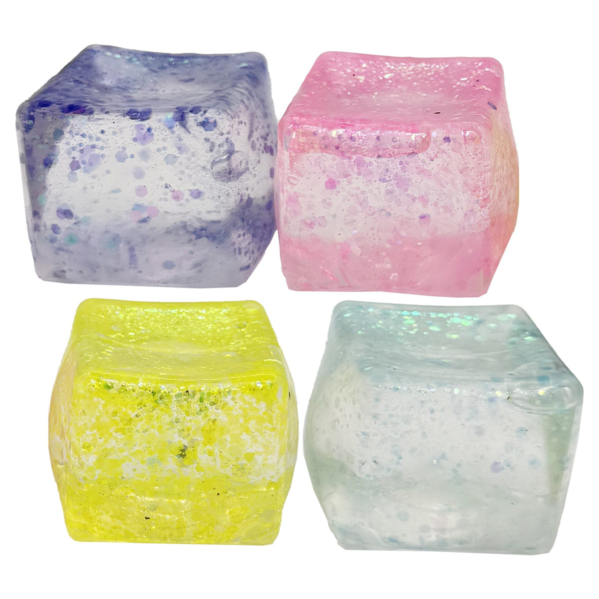 Jucarie Squishy Cub Magic, Antistres Senzorial cu Glitter, Termoplastic Transparent, 5x5x5 cm, Culoare Mix