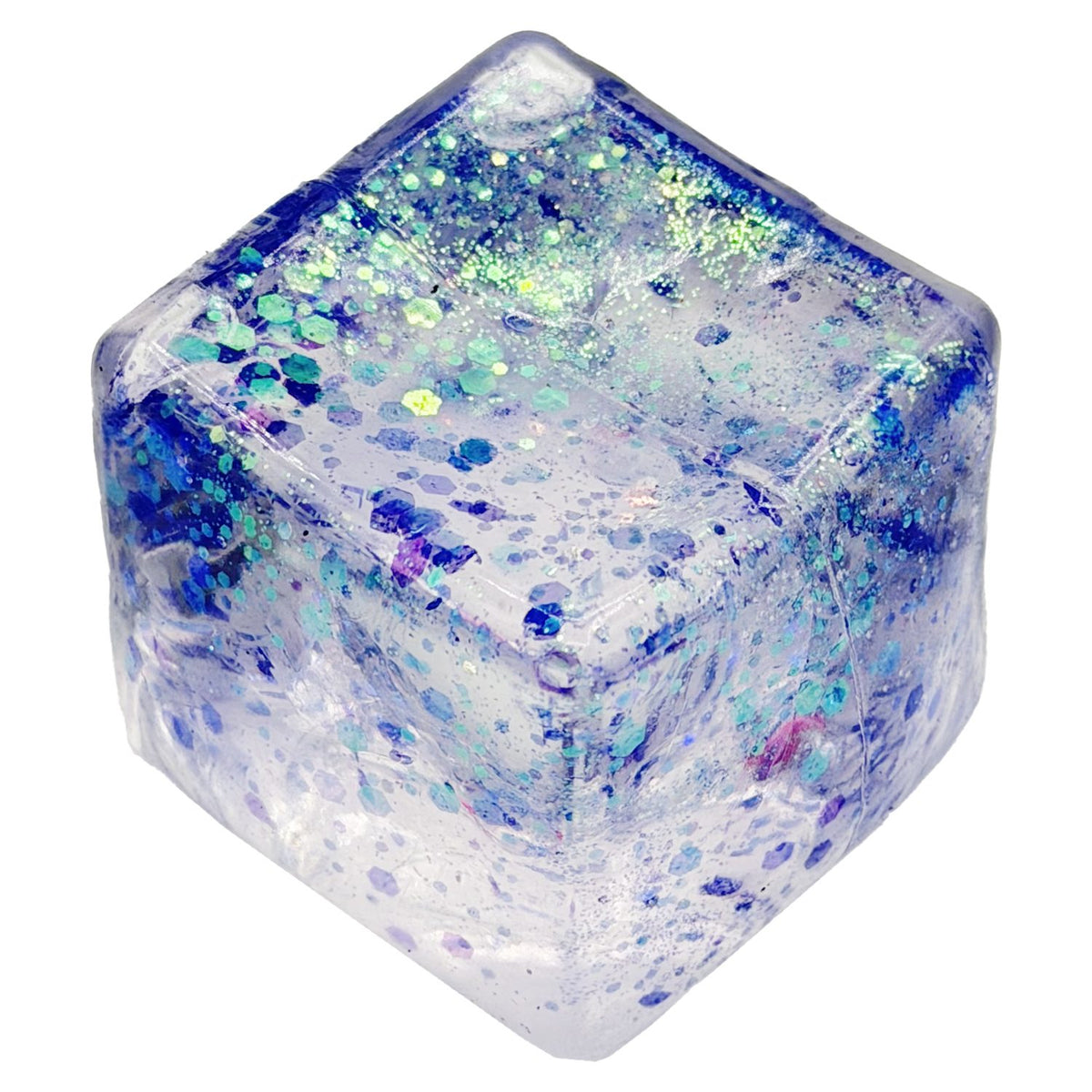 Jucarie Squishy Cub Magic, Antistres Senzorial cu Glitter, Termoplastic Transparent, 5x5x5 cm, Culoare Mix