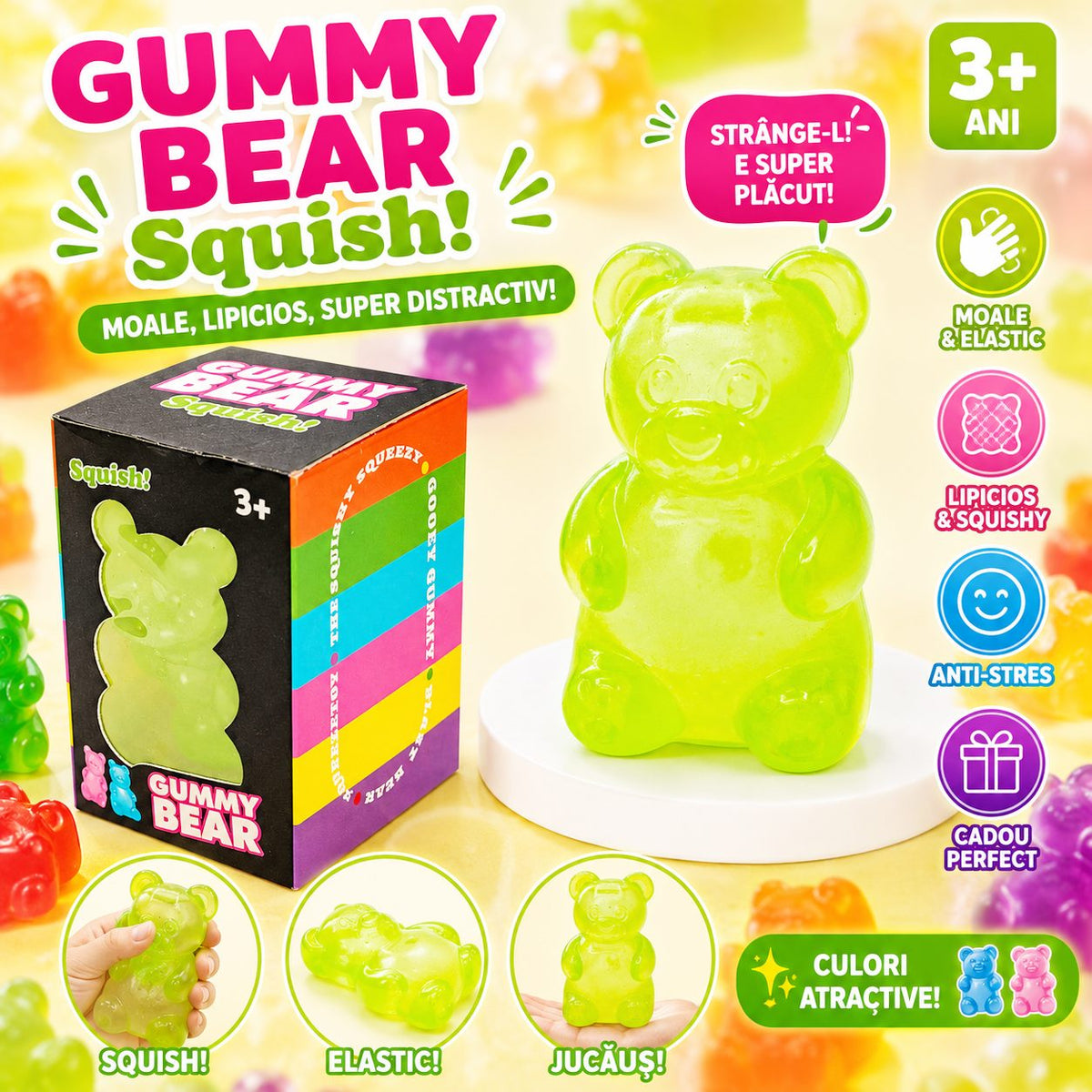 Jucarie Antistres Squishy, Urs Gummy Bear Senzorial, Material Termoplastic, 4x4x7.5 cm, Verde