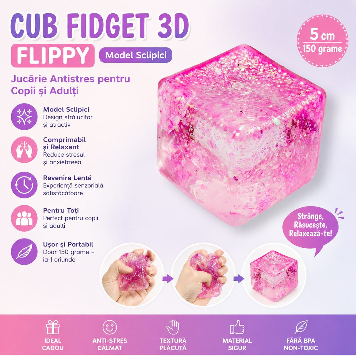 Jucarie Squishy Antistres Cub Fidget, Revenire Lenta cu Sclipici, Termoplastic, 5x5x5 cm, Roz