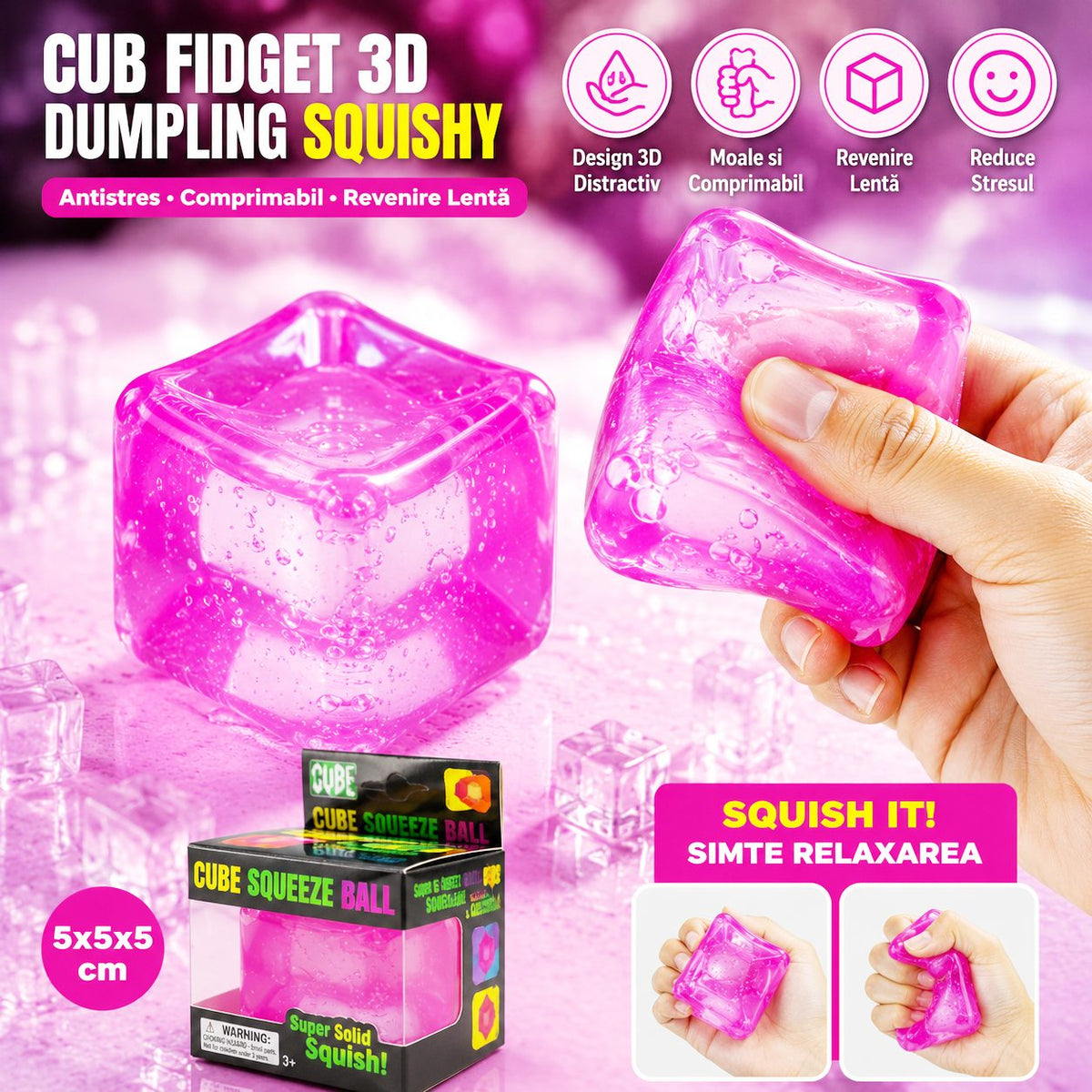 Jucarie Squishy Antistres, Cub Fidget Comprimabil cu Revenire, Termoplastic, Model Cub De Gheata Transparent, 5x5x5 cm, Roz