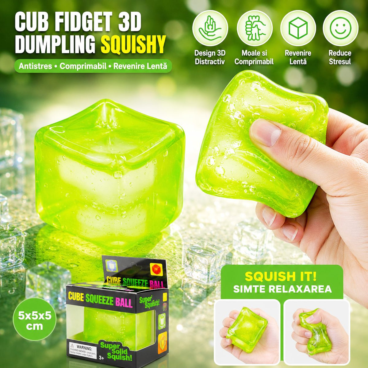 Jucarie Squishy Antistres, Cub Fidget Dumpling, Model Cub De Gheata Transparent, Termoplastic, 5x5x5 cm, Verde
