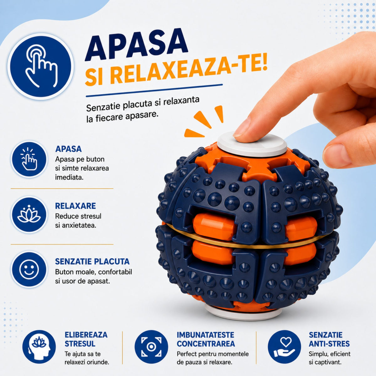 Jucărie Antistres Rotativă, Model Push And Spin cu Structură 3D Interactivă, Plastic ABS, 6.3 cm, Navy