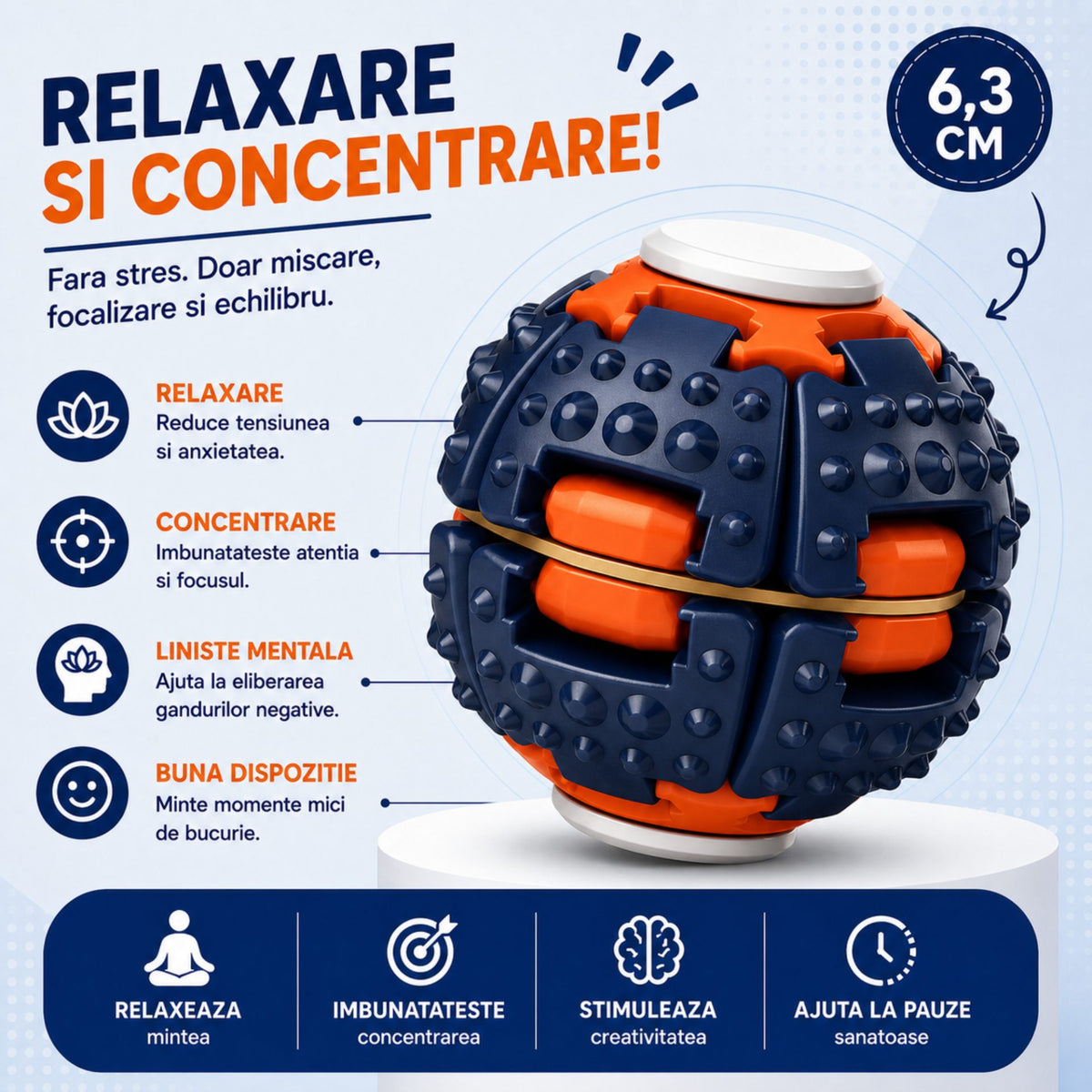 Jucărie Antistres Rotativă, Model Push And Spin cu Structură 3D Interactivă, Plastic ABS, 6.3 cm, Navy