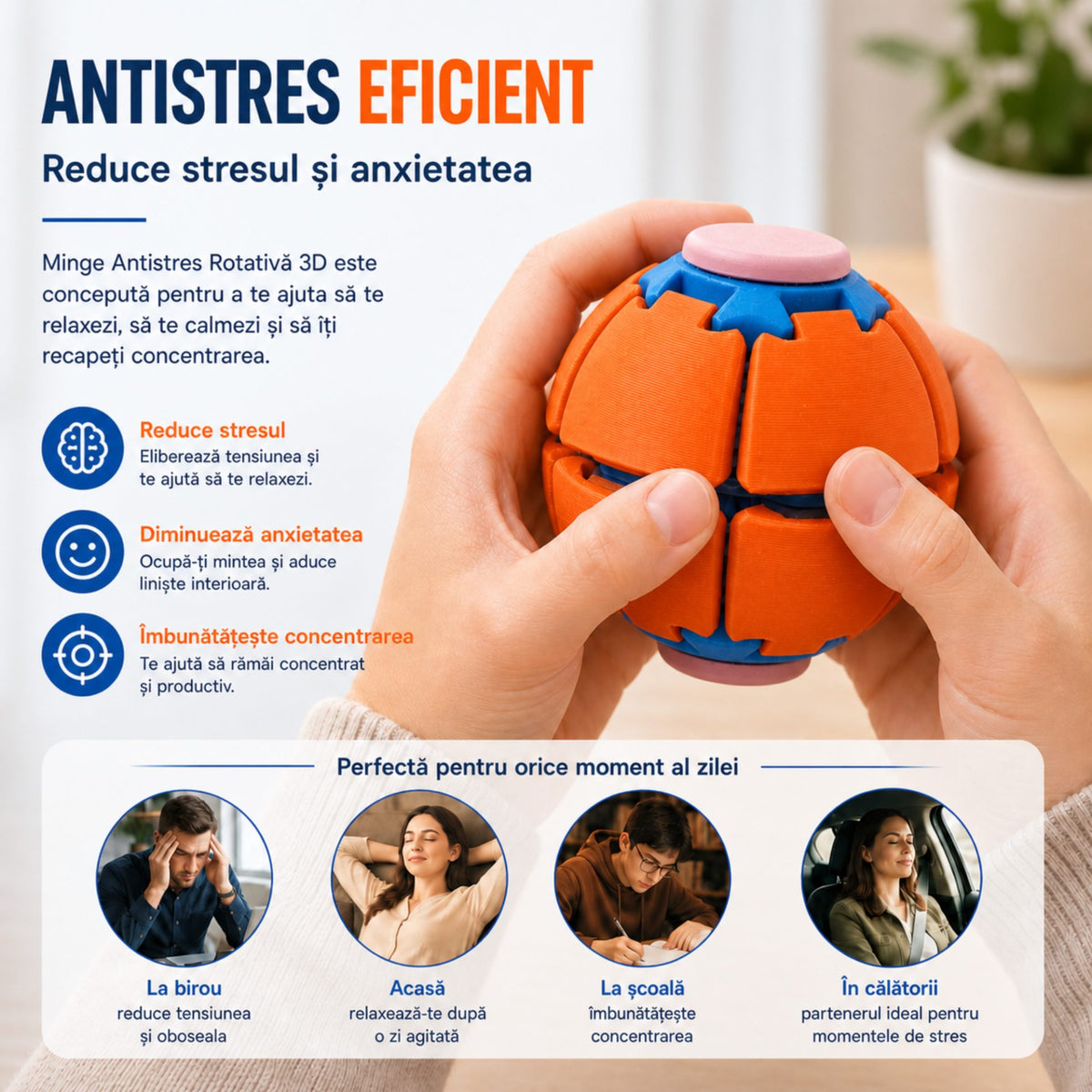 Minge Senzorială Antistres, Sistem Rotativ 3D Tip Fidget Spinner, Plastic, 6,5 Cm, Rosu Aprins