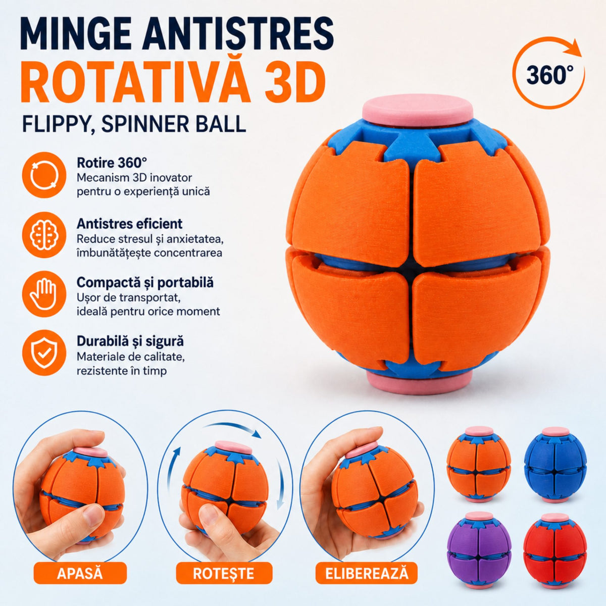 Minge Senzorială Antistres, Sistem Rotativ 3D Tip Fidget Spinner, Plastic, 6,5 Cm, Rosu Aprins