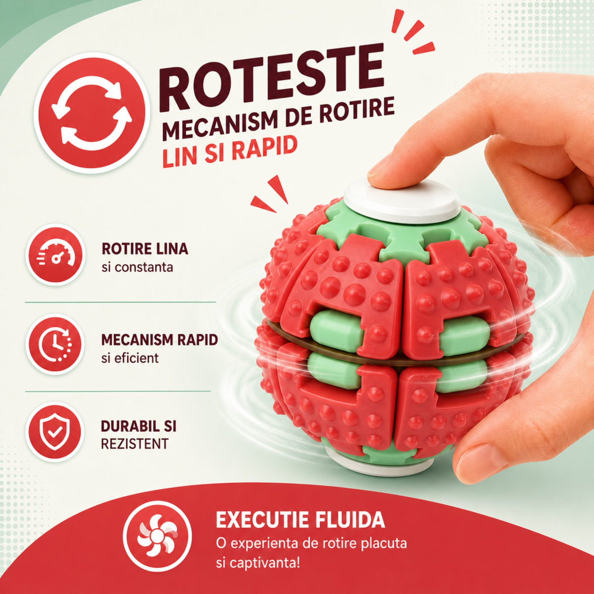 Jucarie Antistres Rotativa, Minge Push and Spin cu Structura 3D Interactiva, Plastic ABS, 6.3 cm, Rosu