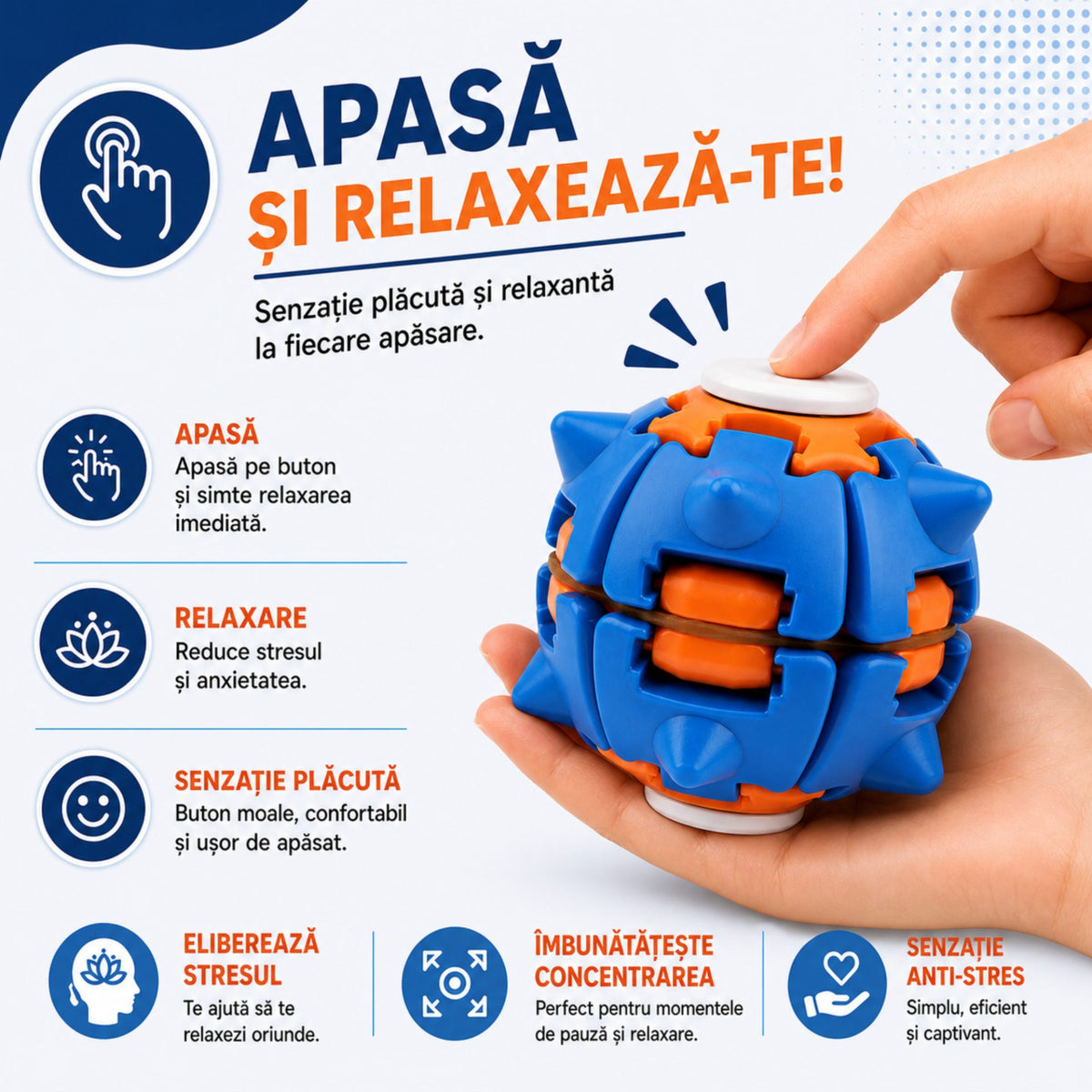 Jucarie Antistres Push And Spin, Structura 3D Interactiva, Plastic ABS, 6.3 cm, Albastru Inchis si Portocaliu