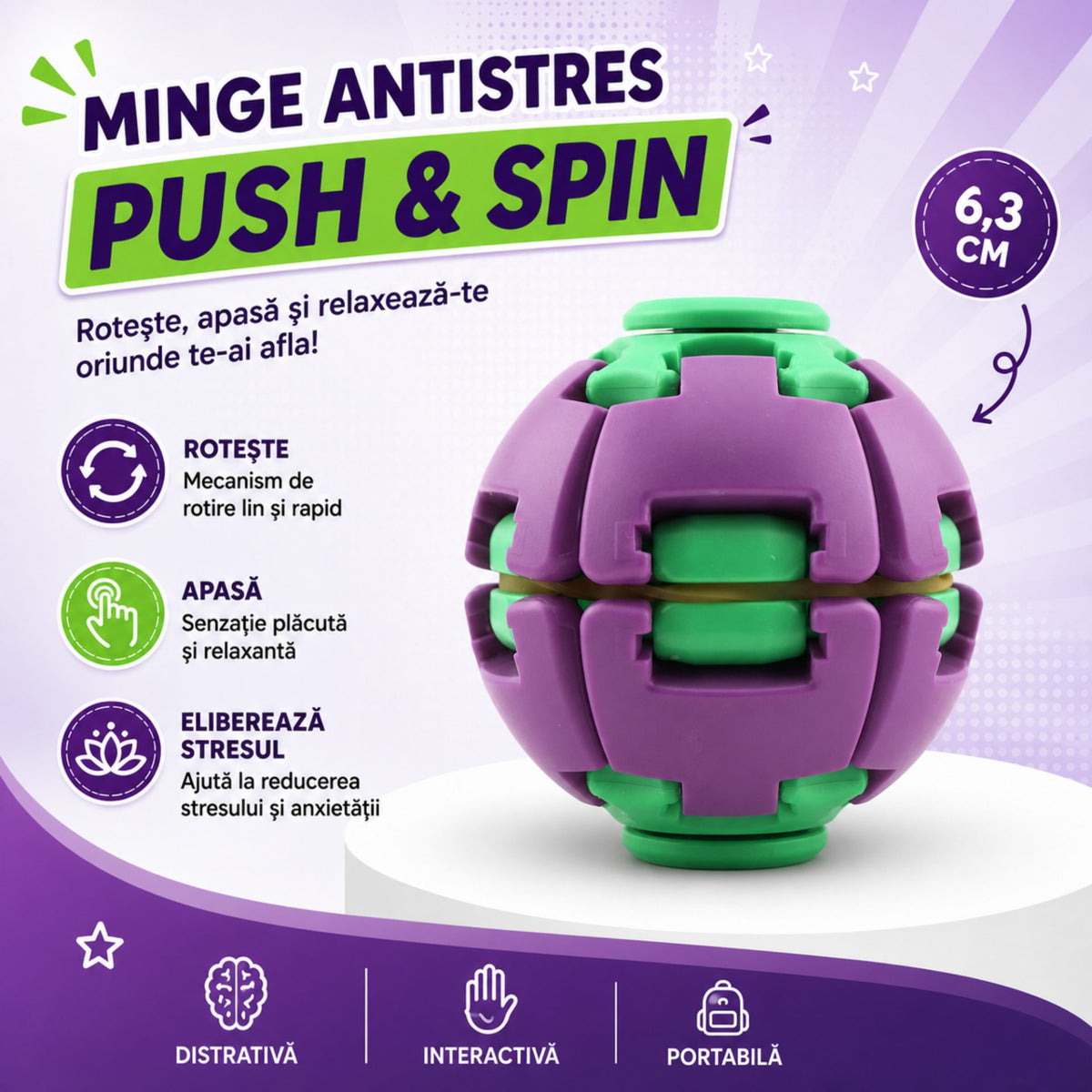 Jucarie Antistres Rotativa, Model Minge Push and Spin cu Structura 3D Interactiva, Plastic ABS, 6.3 cm, Albastru și Galben