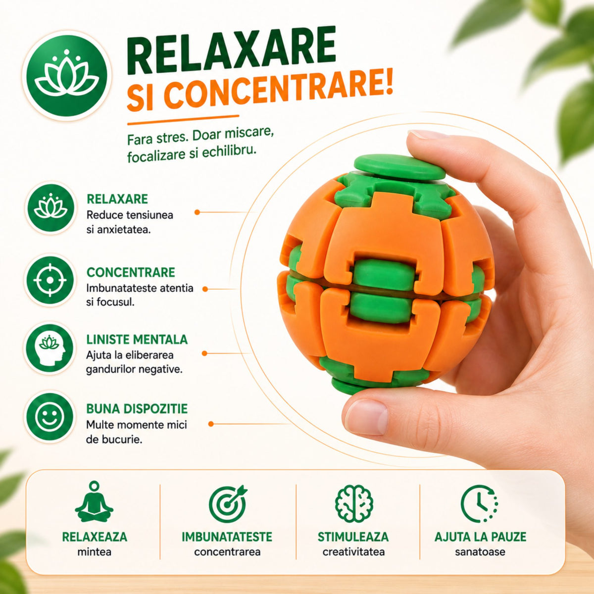 Jucarie Antistres Push and Spin, Structura 3D Interactiva, Plastic ABS, 6.3 cm, Portocaliu/Verde