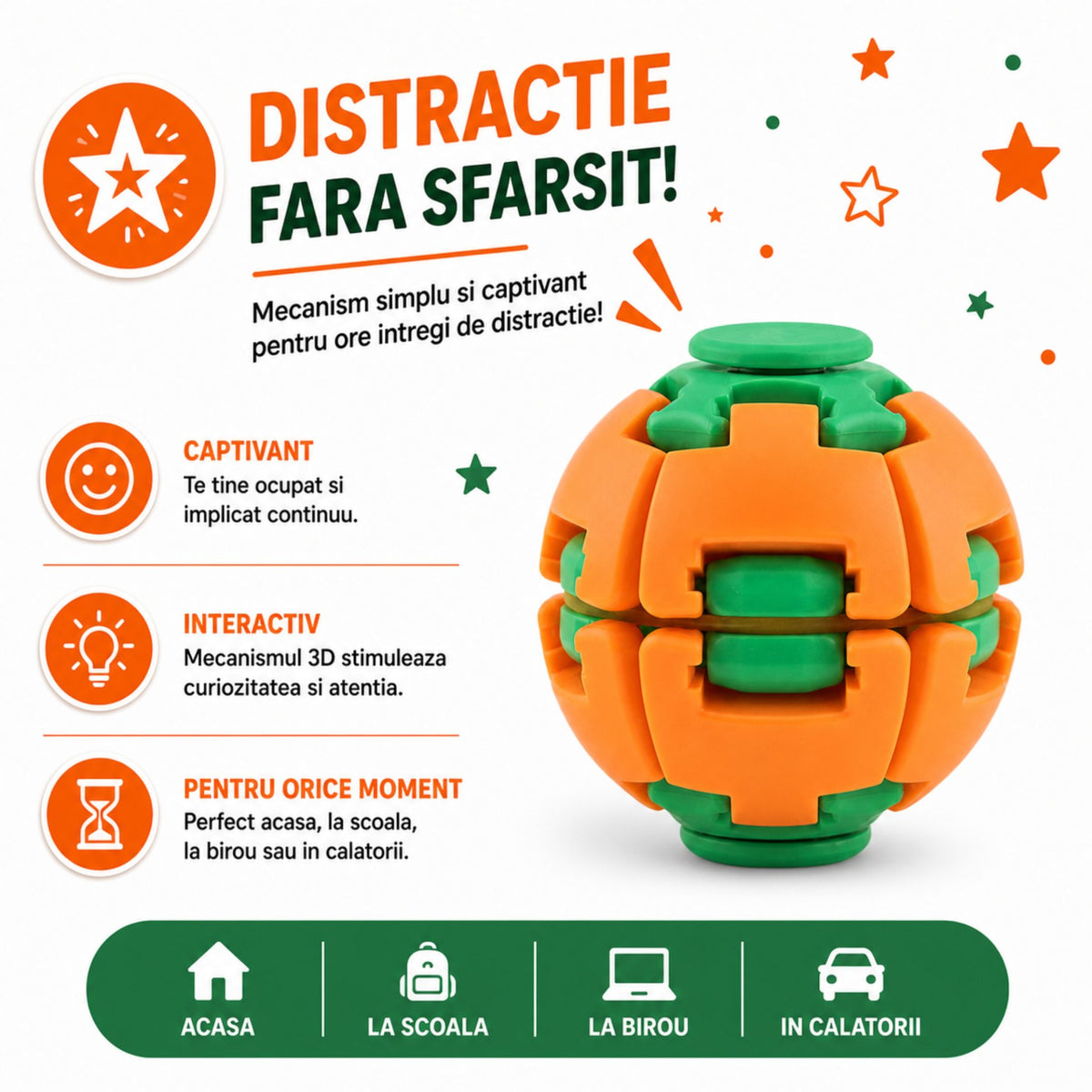 Jucarie Antistres Push and Spin, Structura 3D Interactiva, Plastic ABS, 6.3 cm, Portocaliu/Verde