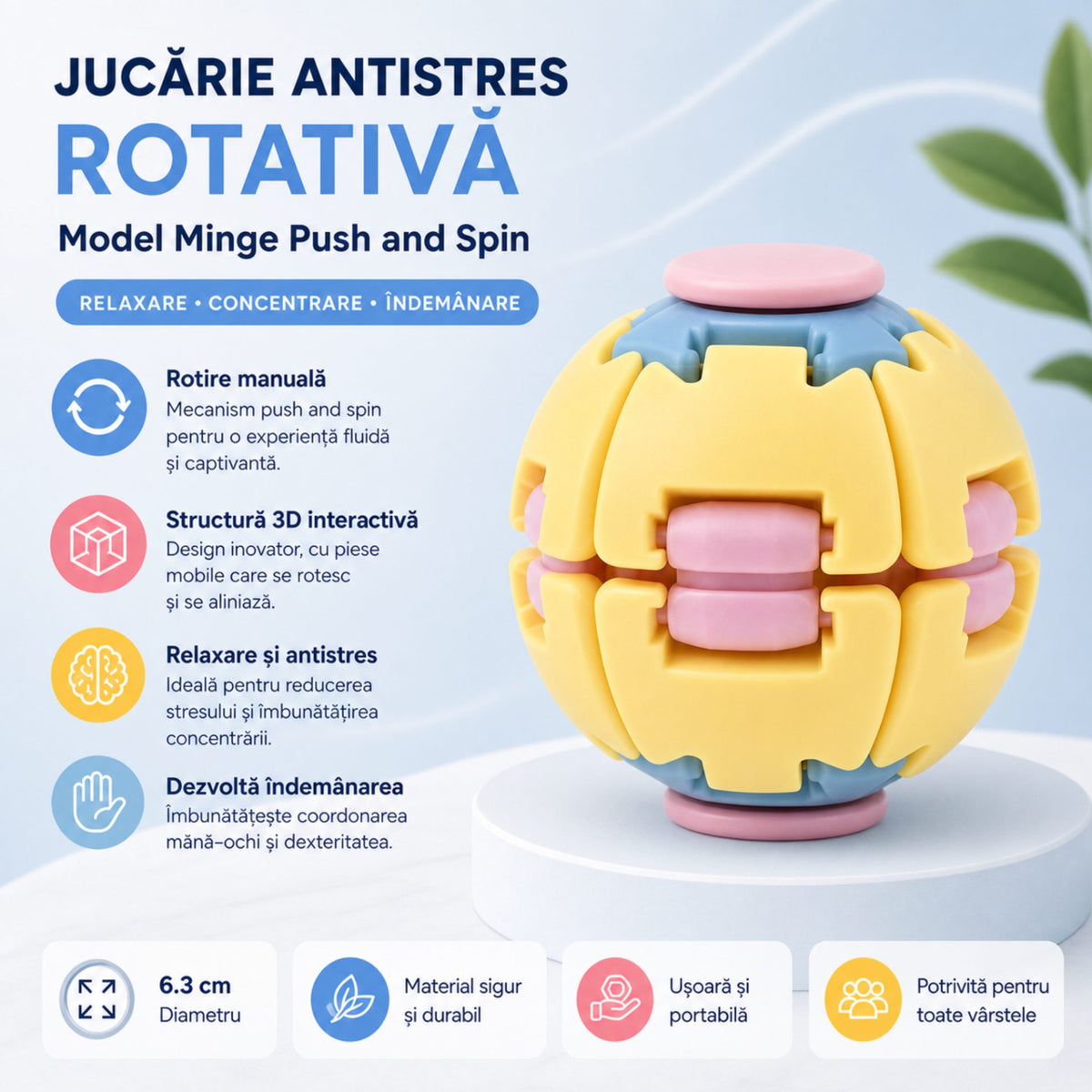 Jucarie Antistres Rotativa, Model Minge Push and Spin, Structura 3D Interactiva, Plastic ABS, 6.3 cm, Galben si Roz