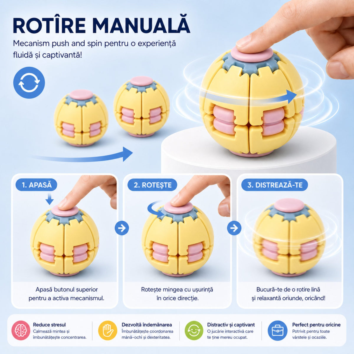 Jucarie Antistres Rotativa, Model Minge Push and Spin, Structura 3D Interactiva, Plastic ABS, 6.3 cm, Galben si Roz