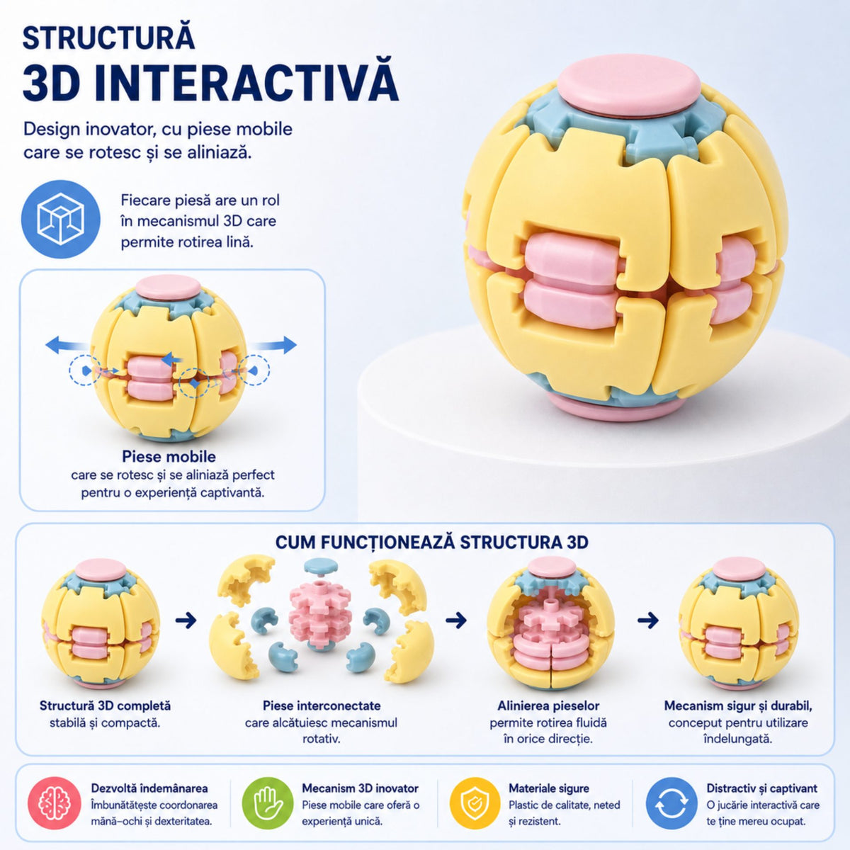 Jucarie Antistres Rotativa, Model Minge Push and Spin, Structura 3D Interactiva, Plastic ABS, 6.3 cm, Galben si Roz