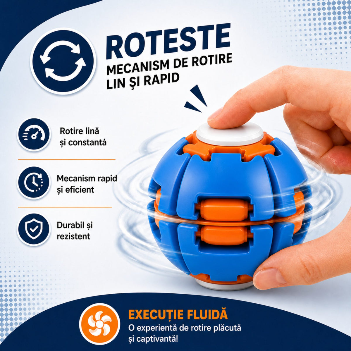 Jucarie Antistres Rotativa, Model Push And Spin cu Structura 3D Interactiva, Plastic ABS, 6.3 cm, Albastru Metalizat