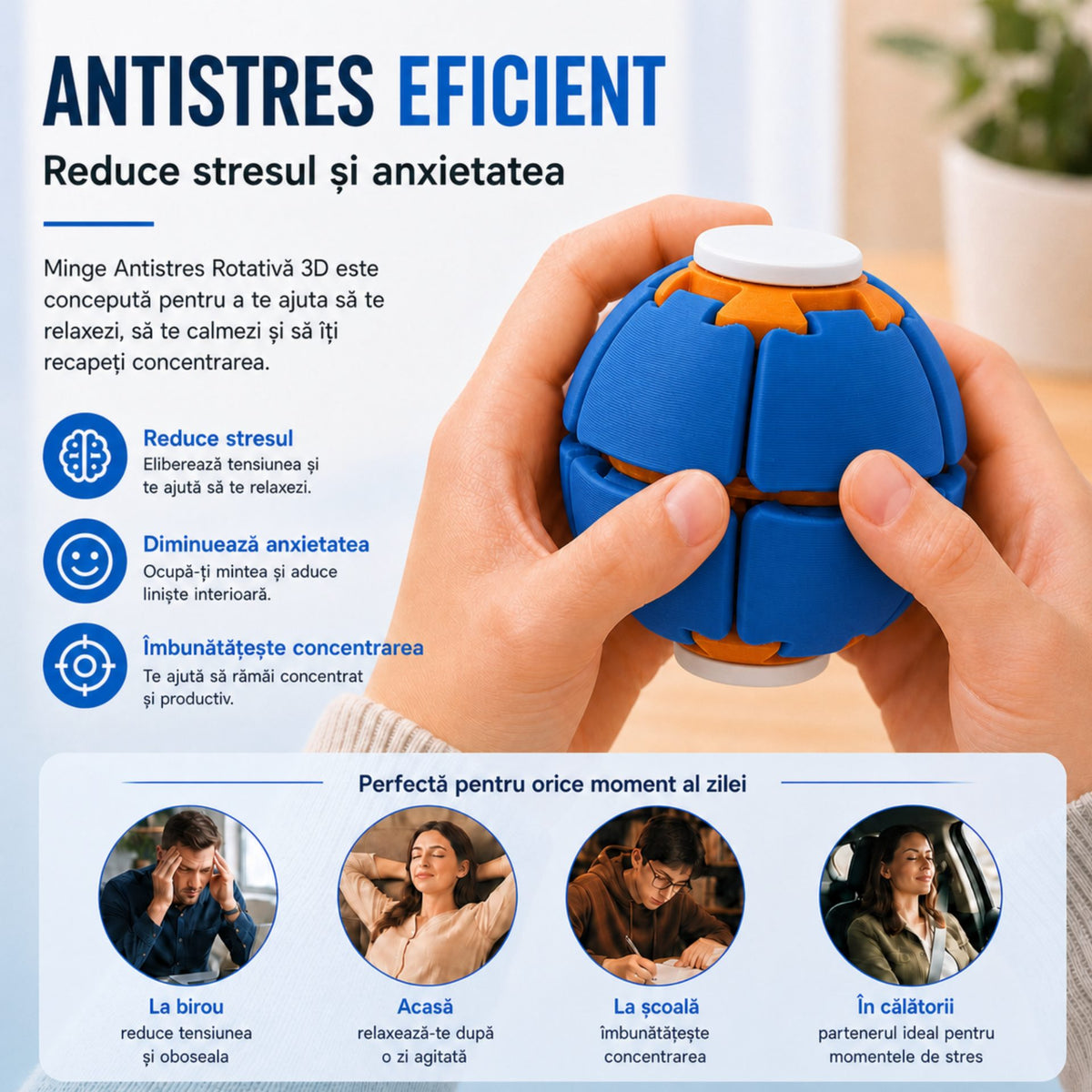 Minge Senzorială Antistres, Sistem Rotativ 3D Tip Fidget Spinner, Plastic, Albastru, 6.5 x 6.5 x 6.5 cm