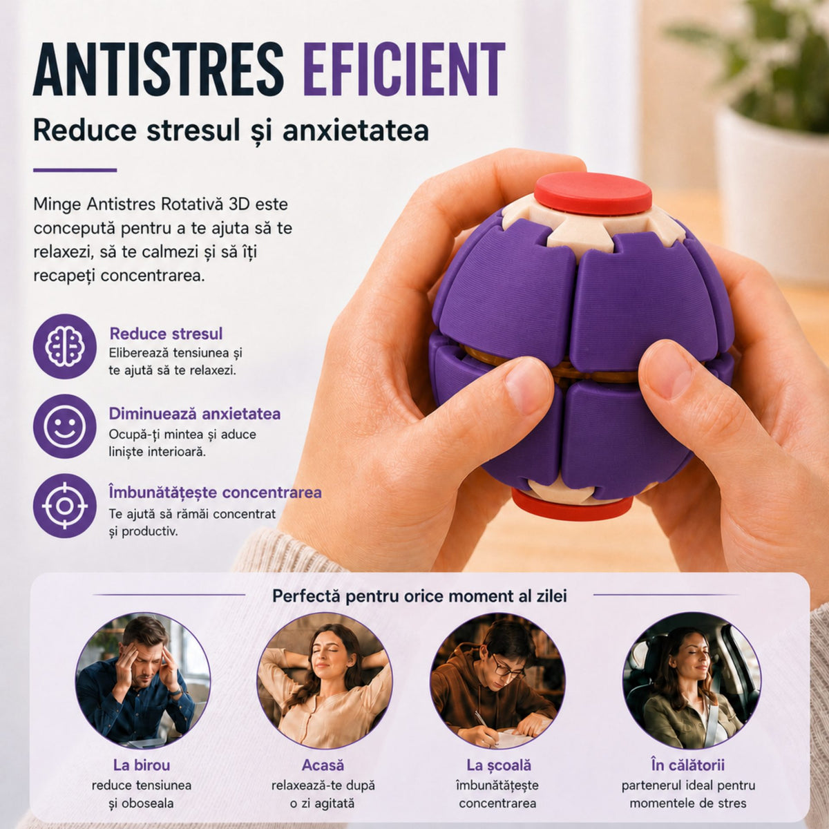 Minge Senzorială Antistres, Sistem Rotativ 3D Și Apăsare, Plastic, 6.5 x 6.5 x 6.5 cm, Mov