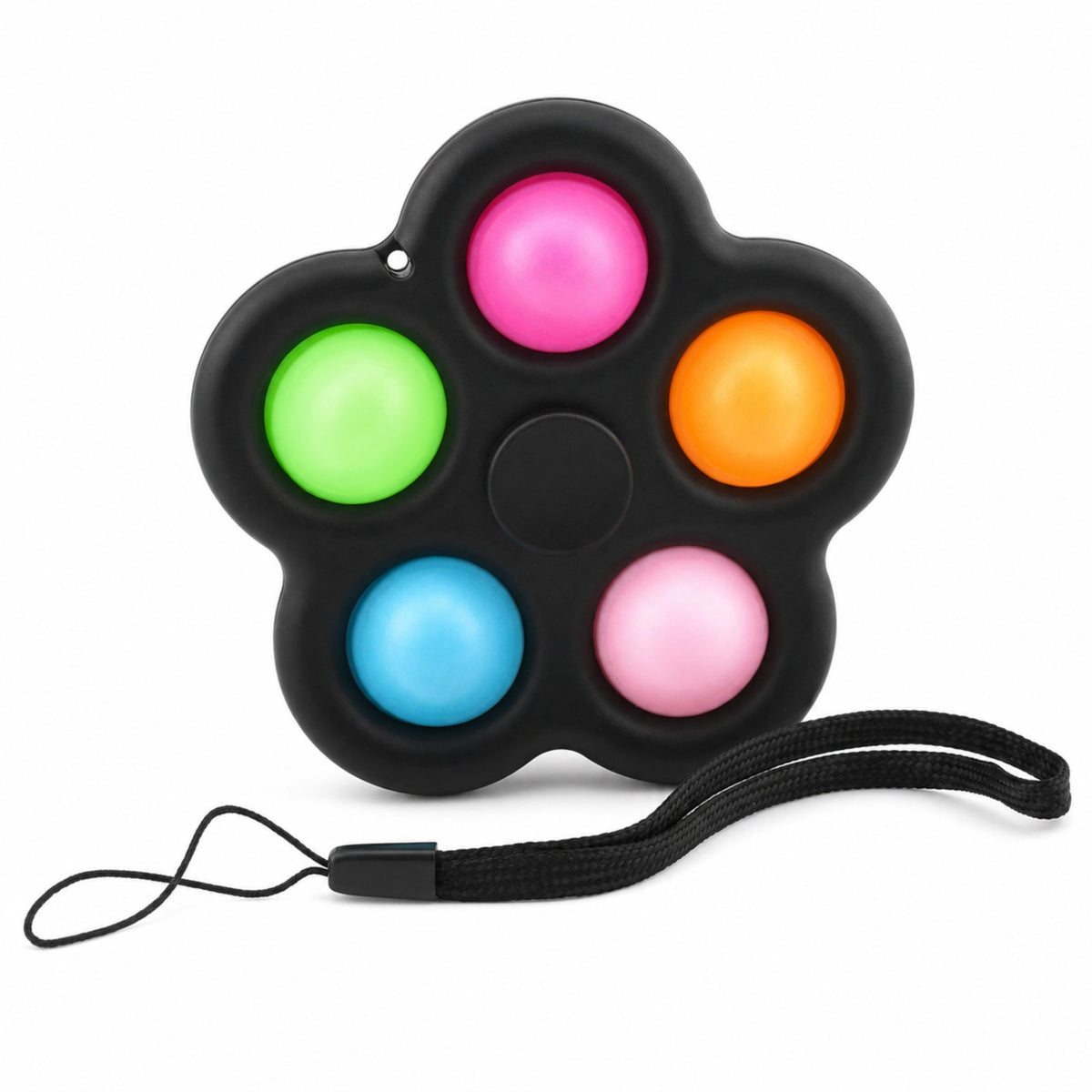 Jucarie Antistres Simple Dimple, Spinner Senzorial cu 5 Bule Pop It, Plastic si Silicon, cu Snur de Prindere, Multicolor