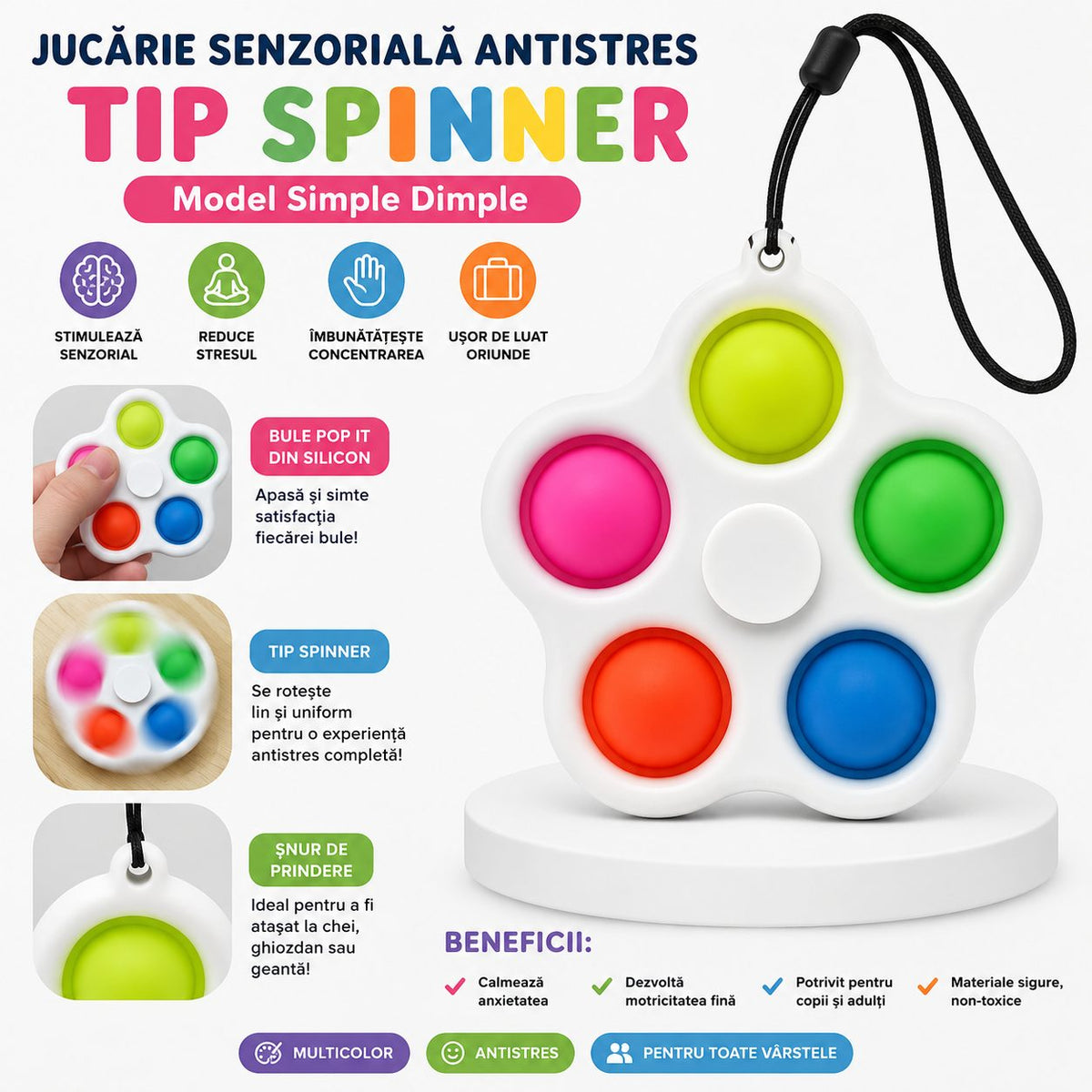 Jucarie Antistres Simple Dimple, Stimulare Senzoriala cu 5 Bule Pop It, Silicon si Plastic, Multicolor