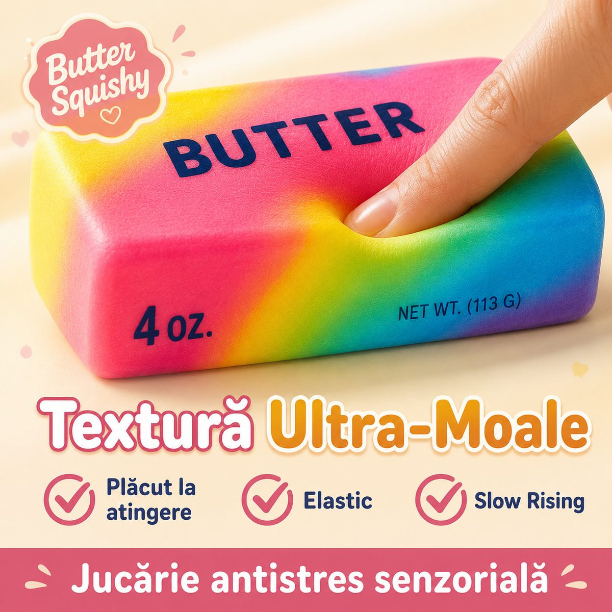 Jucărie Squishy Antistres, Formă De Unt Slow Rising, Spumă Poliuretanică, 14 cm, Multicolor