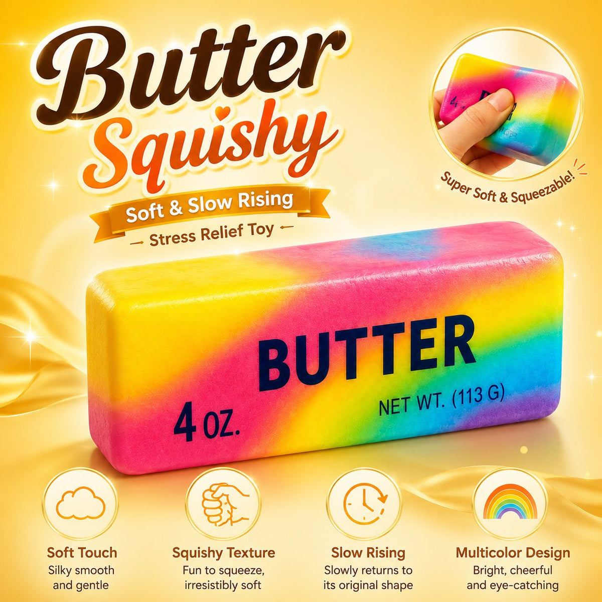 Jucărie Squishy Antistres, Formă De Unt Slow Rising, Spumă Poliuretanică, 14 cm, Multicolor