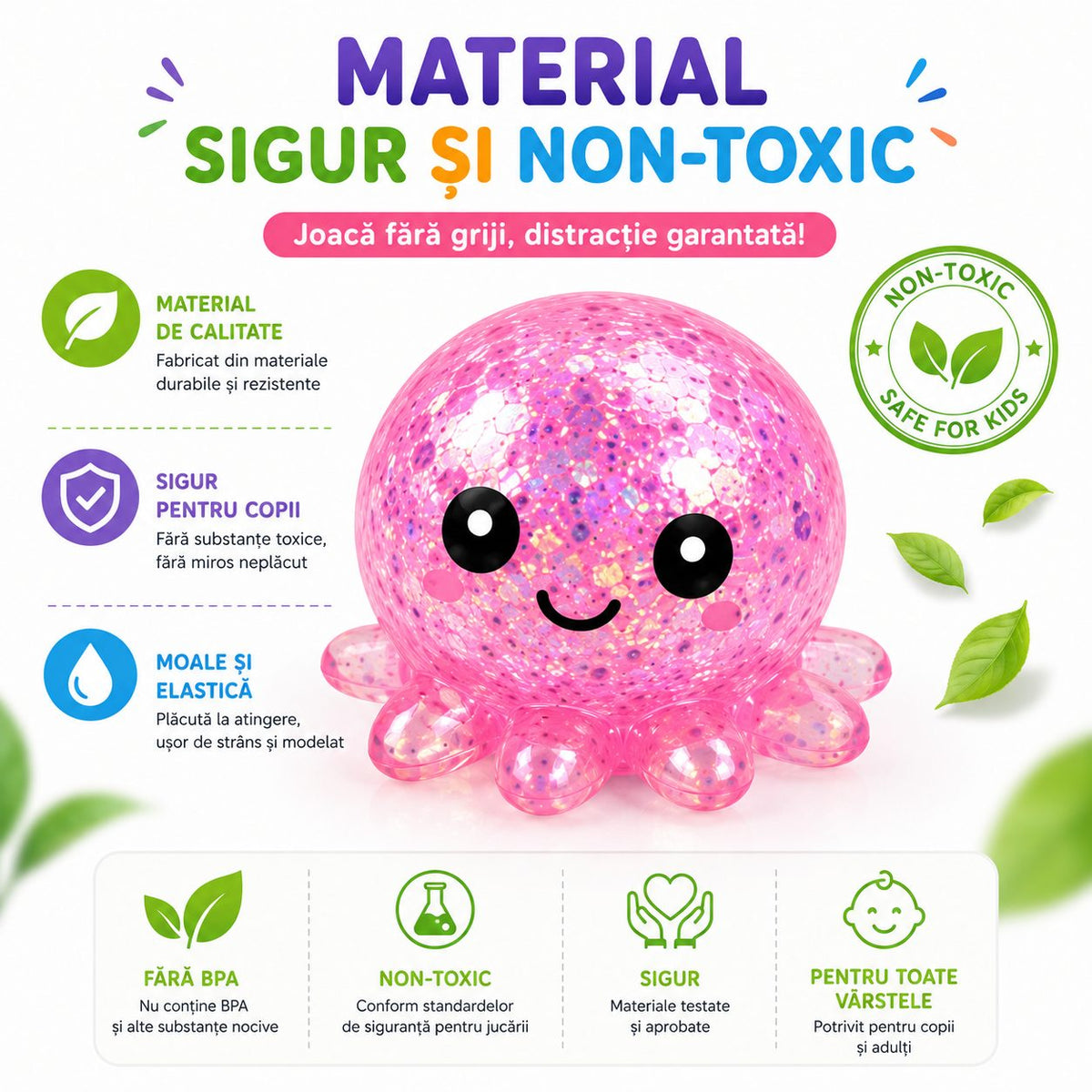 Jucarie Antistres Squishy, Model Caracatita Cu Sclipici, Silicon Moale Elastic, 6 x 6 x 4.5 cm, Culori Diverse