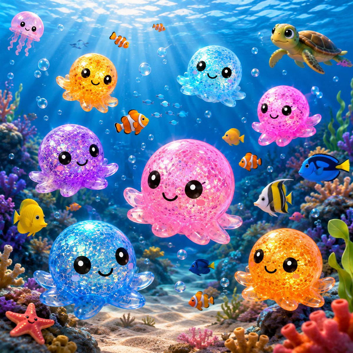 Jucarie Antistres Squishy, Model Caracatita Cu Sclipici, Silicon Moale Elastic, 6 x 6 x 4.5 cm, Culori Diverse