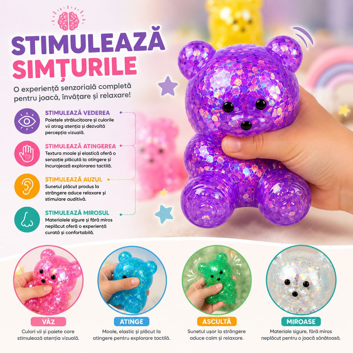 Jucarie Antistres Squishy, Model Ursulet Transparent cu Paiete, Termoplastic, Culoare Aleatorie