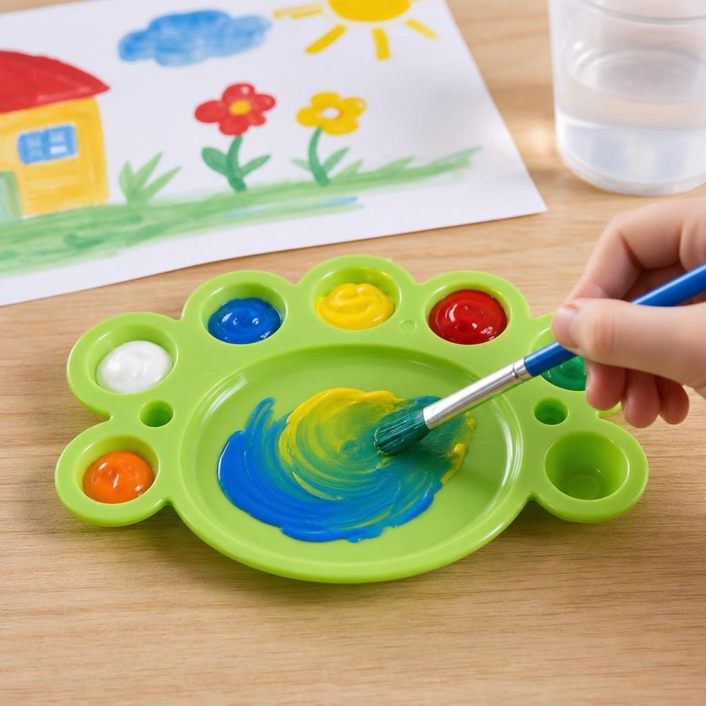 Paleta Pentru Pictura, Forma De Laba De Urs, 7 Compartimente, Plastic, Verde, 16.5 x 10.4 cm