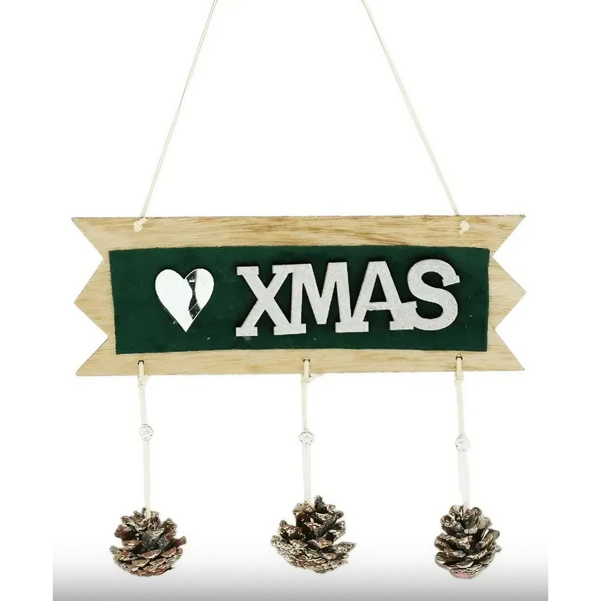 Decoratiune Craciun Xmas, Ornament Suspendat cu Conuri si Inimioara, Lemn Natural, pentru Usa sau Brad, 25x9 cm, Verde/Argintiu