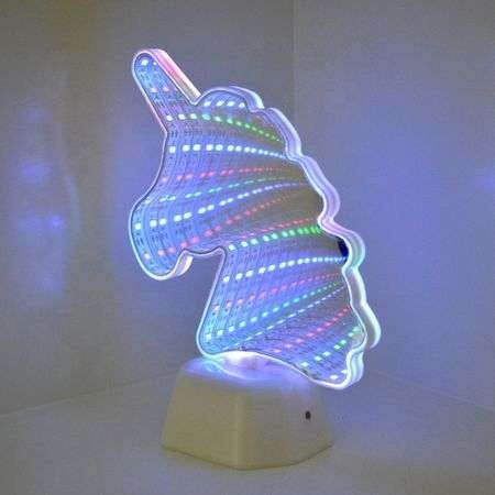 Decoratiune Luminoasa Infinity Mirror Unicorn, Lampa Efect Oglinda Infinita, Plastic, Interior, Alimentare Baterii, 20 cm, Multicolor