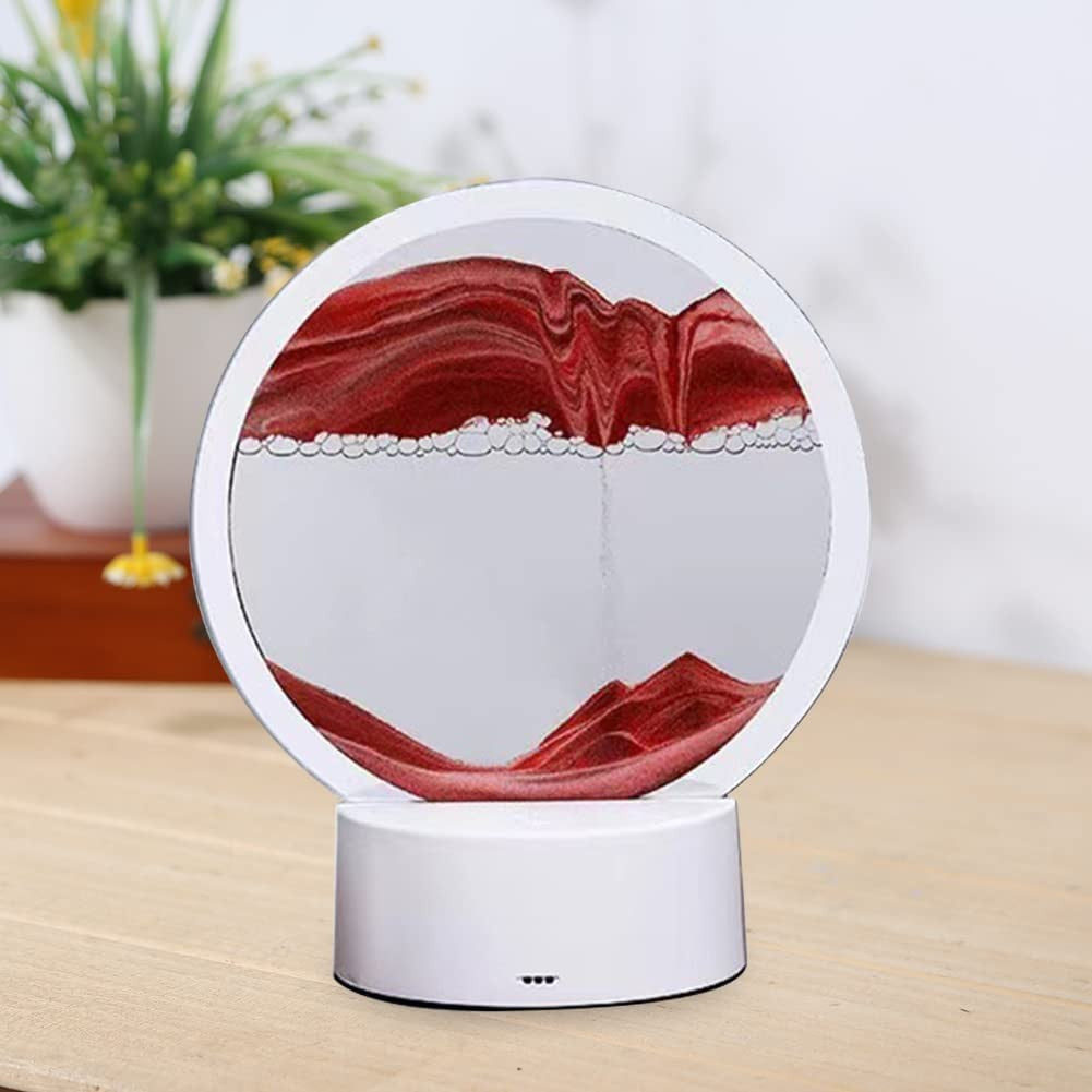Lampa Decorativa Tip Clepsidra, Imagine 3D Dinamica Cu Nisipuri Miscatoare, Efect Antistres, Alimentare USB Sau Baterii, Acril Si Sticla, 16 x 18.5 cm, Rosu