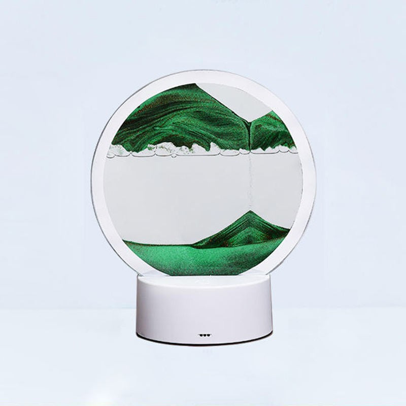 Lampa Decorativa Tip Clepsidra, Nisipuri Miscatoare cu Imagine 3D Dinamica, Efect Antistres si Relaxant, Alimentare USB sau 3 Baterii AA, Sticla si Acril, 16 x 18.5 cm, Verde