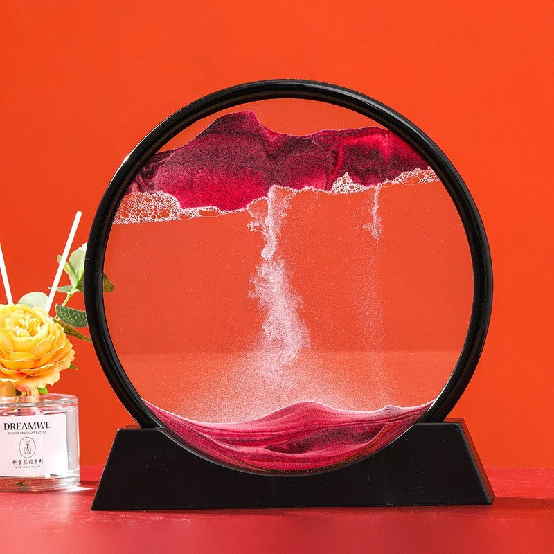 Clepsidra Decorativa cu Nisip Miscator, Imagine 3D Dinamica, Efect Antistres si Relaxant, Sticla si Acril, 25x26.5 cm, Cadru Negru, Rosu
