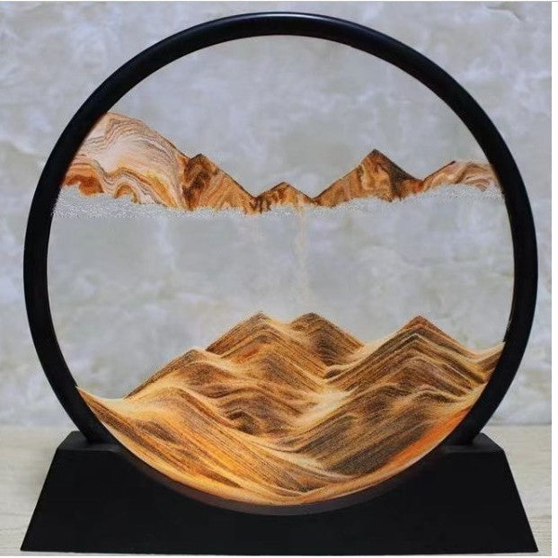 Clepsidra Decorativa cu Nisip Miscator, Tablou 3D Dinamic, Sticla Acrilica Relaxanta, Efect Antistres pentru Birou, Cadru Negru, Auriu, 25 x 26.5 cm