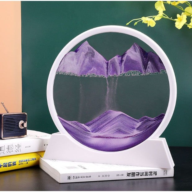 Lampa Decorativa Tip Clepsidra Cu Nisip Miscator, Imagine 3D Dinamica, Efect Antistres, Sticla Si Acril, Buton Tactil, 25x26.5 cm, Cadru Alb, Mov