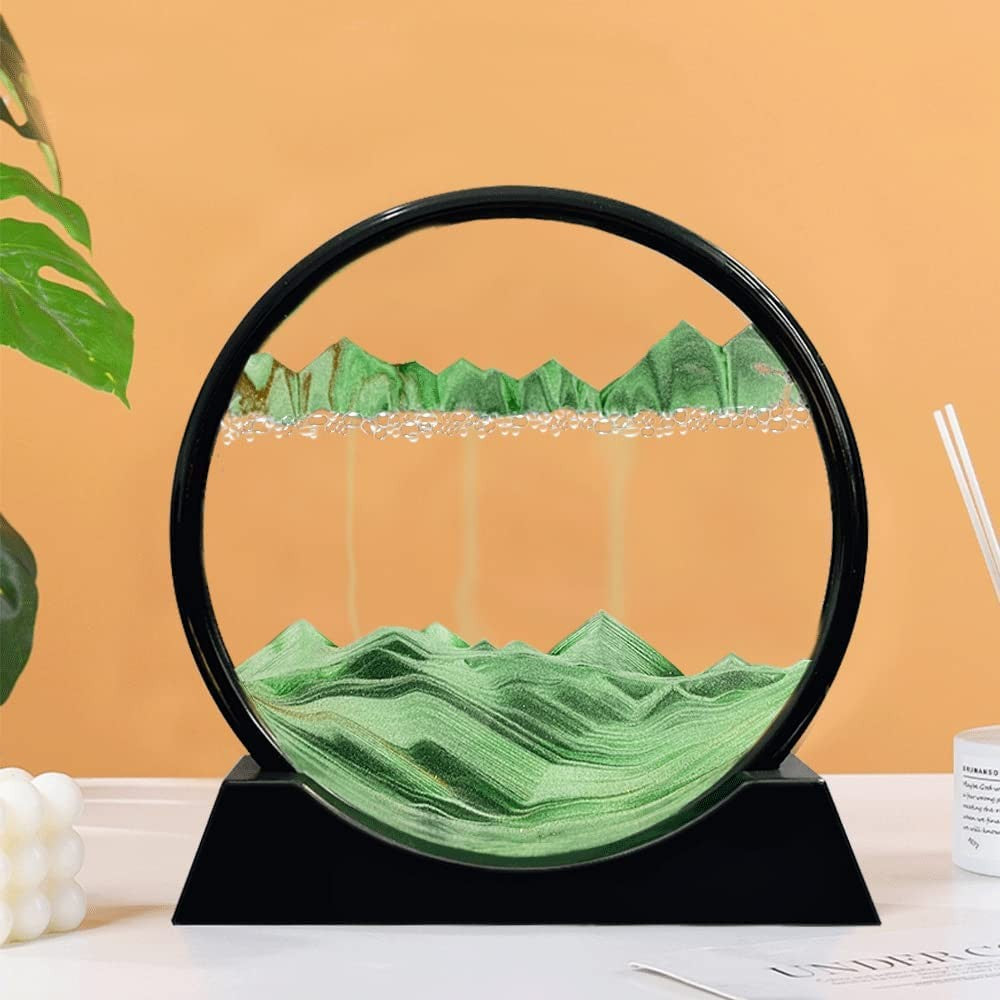 Decoratiune Clepsidra Cu Nisip Miscator, Tablou Dinamic 3D Peisaj Marin, Efect Antistres, Rama Rotunda Din Sticla Si Acril, 25x26.5 cm, Verde Smarald