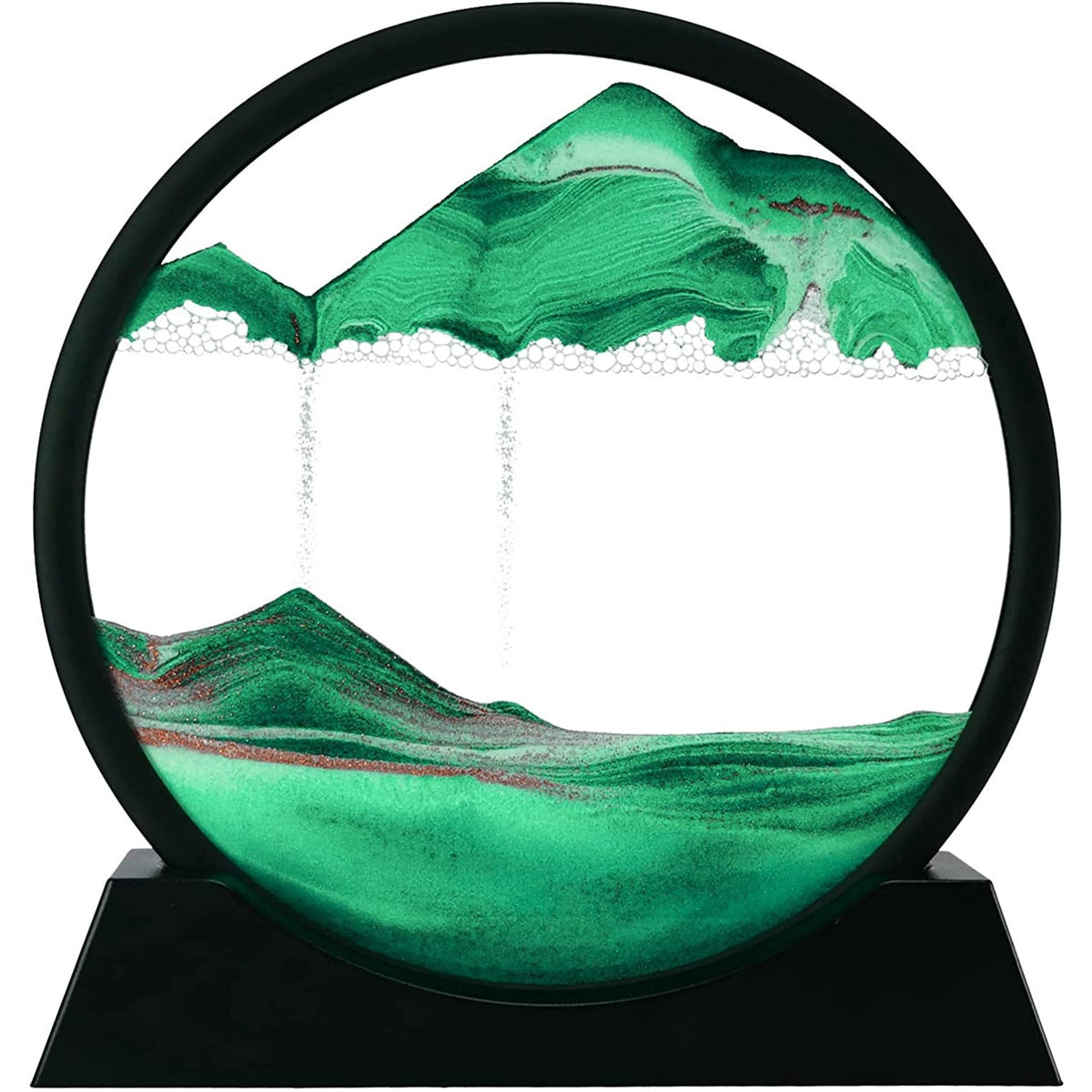 Decoratiune Clepsidra Cu Nisip Miscator, Tablou Dinamic 3D Peisaj Marin, Efect Antistres, Rama Rotunda Din Sticla Si Acril, 25x26.5 cm, Verde Smarald