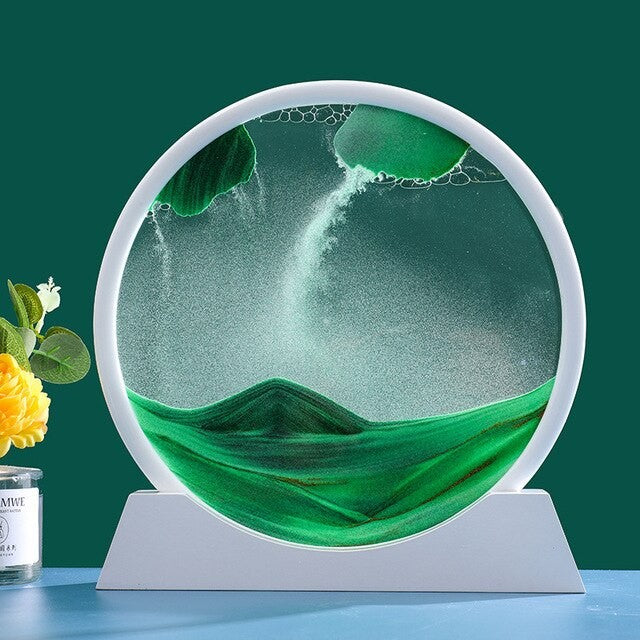Clepsidra Decorativa cu Nisipuri Miscatoare, Imagine 3D Dinamica Antistres, Rama Rotunda din Sticla si Acril, 25x26.5 cm, Verde Smarald si Alb