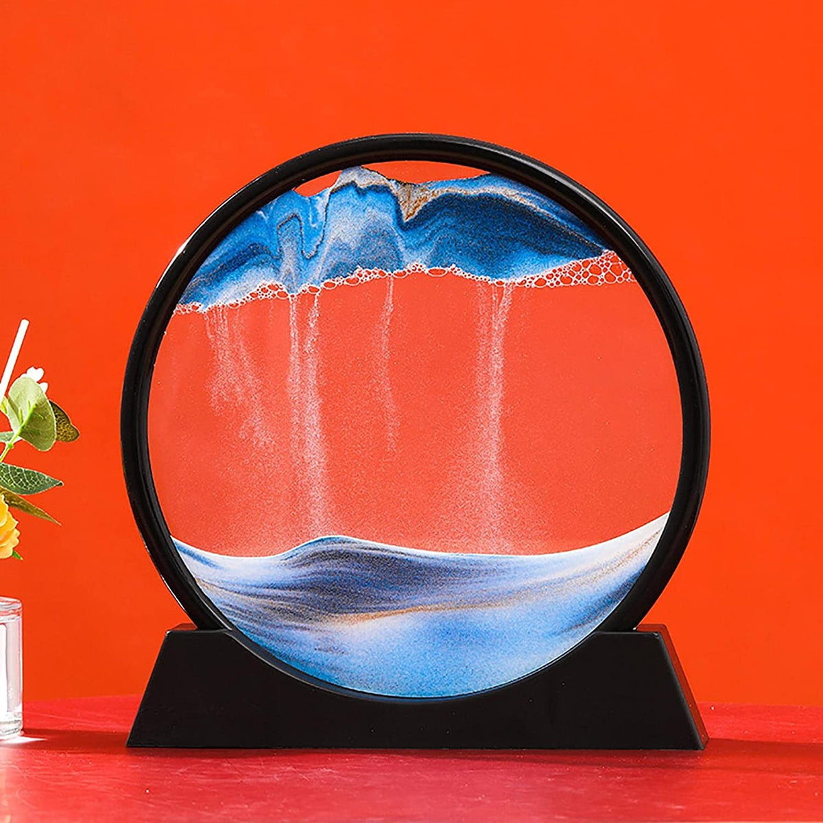 Clepsidra Decorativa cu Nisip Miscator, Imagine 3D Dinamica si Efect Antistres, Rama Rotunda din Sticla si Acril, 25x26.5 cm, Albastru/Negru
