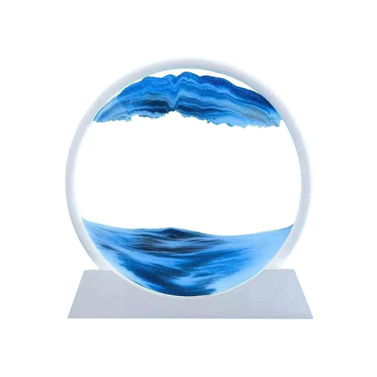 Clepsidra Decorativa cu Nisip Miscator, Imagine 3D Dinamica si Efect Antistres, Peisaj Rotativ, Sticla si Acril, Rama Alba, 25x26.5 cm, Albastru